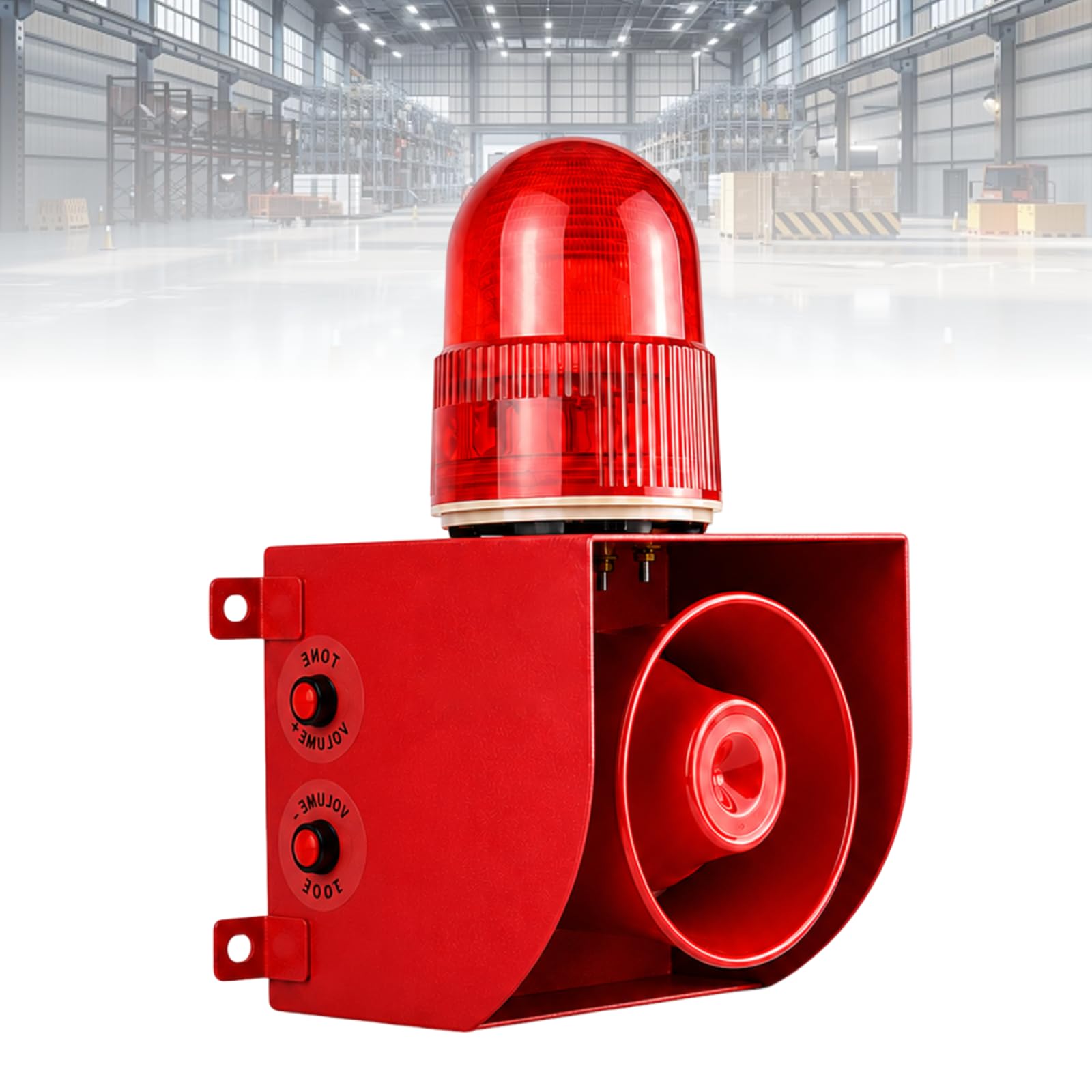 Sirena Industrial De Alarma Exterior, 120dB Alarma Visual Y Sonora AC220V | Cuentas LED Alta Calidad, Carcasa De Acero Robusta, -40°C~70°C, 9 Tonos, Voz USB, IP65, Montaje En Pared