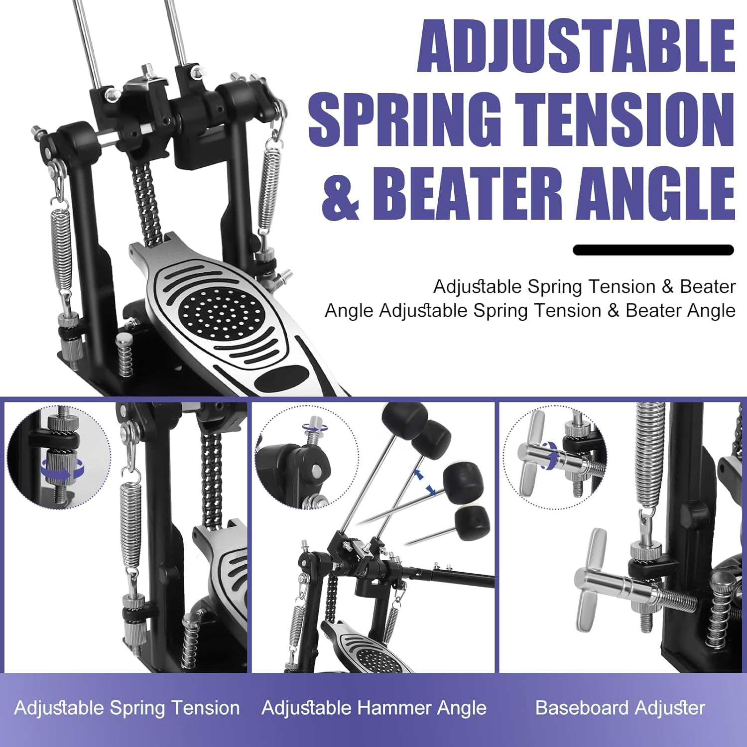Doppel Bassdrum Pedal mit Doppelkettenantrieb, Kick-Pedal mit einstellbarer Feder- & Schlägelspannung, rutschfeste Bodenplatte, kompatibel mit akustischen & elektronischen Drumsets