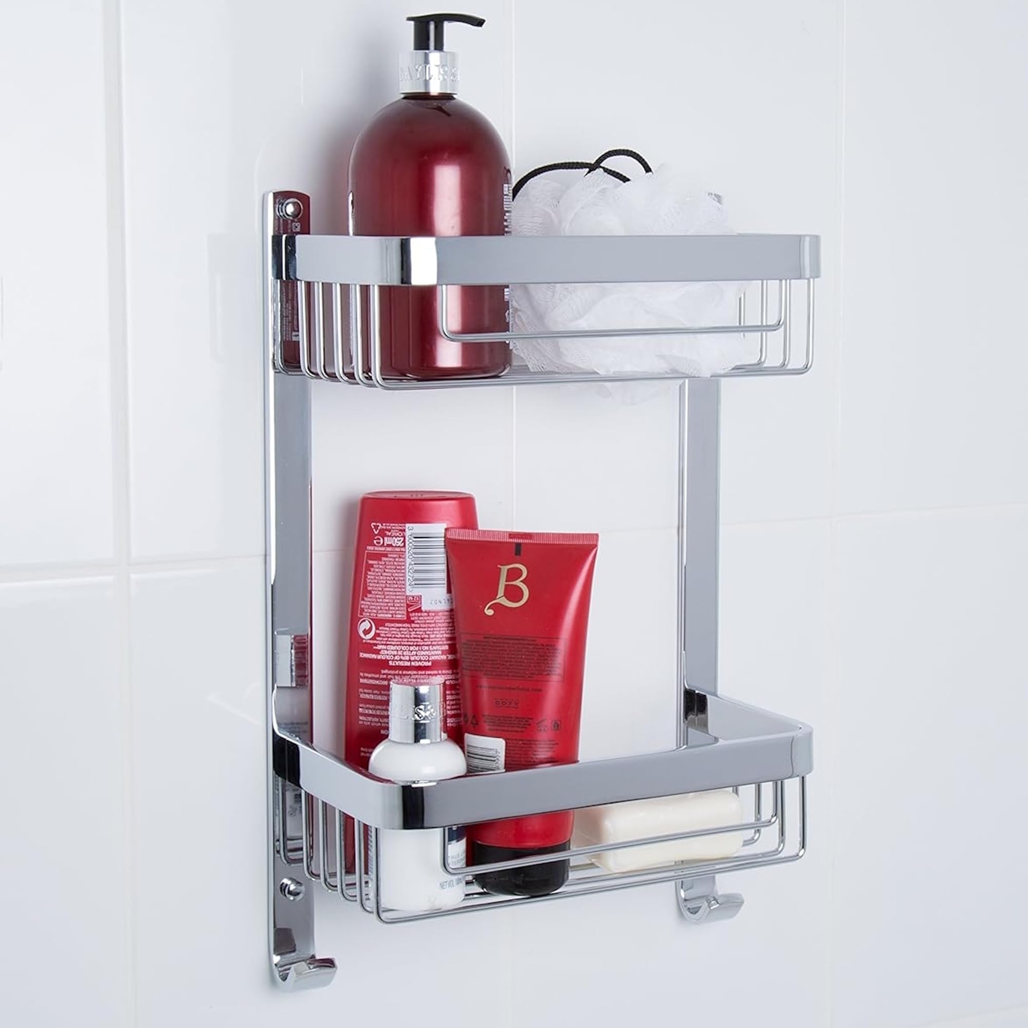 Croydex Cesta Grande de Aluminio de Dos Niveles, Almacenamiento de baño y Ducha con Ganchos, Accesorio de baño Cromado, Fijaciones de Pared, Tapones y Tornillos incluidos, Capacidad de Carga de 5 kg