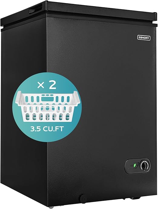 EUHOMY 3.5 Cu.Ft Chest Freezer with Removable Basket, Small Deep Freezer Adjustable 7 Thermostat, Quiet Mini Freezer Free-Standing Top Door, Energy Saving for Apartment/Garage/Basement/Dorm/Home,Black