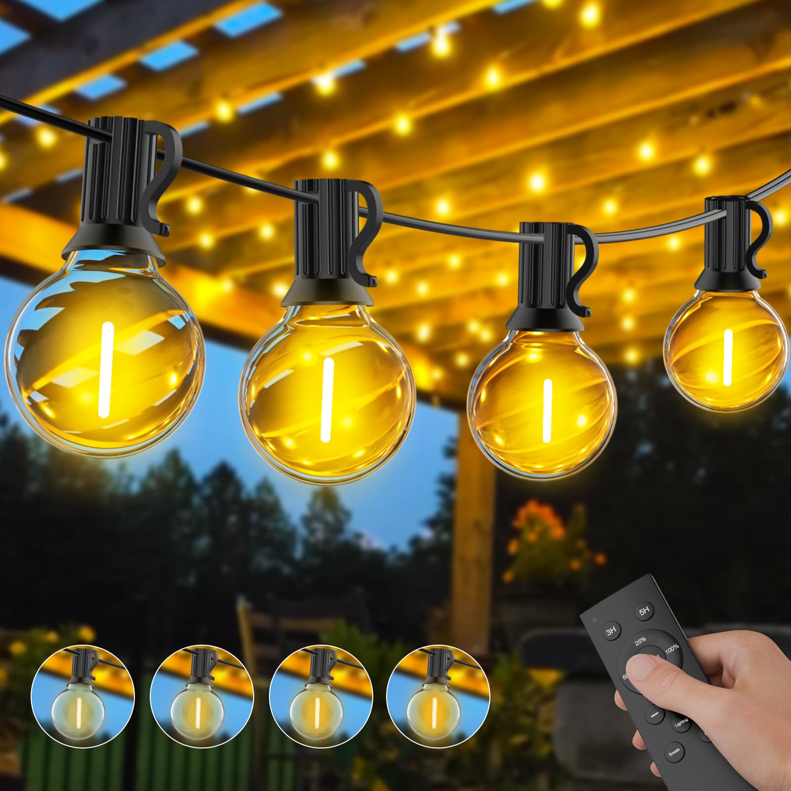 LED Lichterkette Außen Strom 30M, Dimmbar Outdoor Lichterketten Aussen mit 50+2 G40 Glühbirnen, Wasserdicht Garten Lichterkette mit Fernbedienung für Terrasse Party Balkon Gartenbeleuchtung