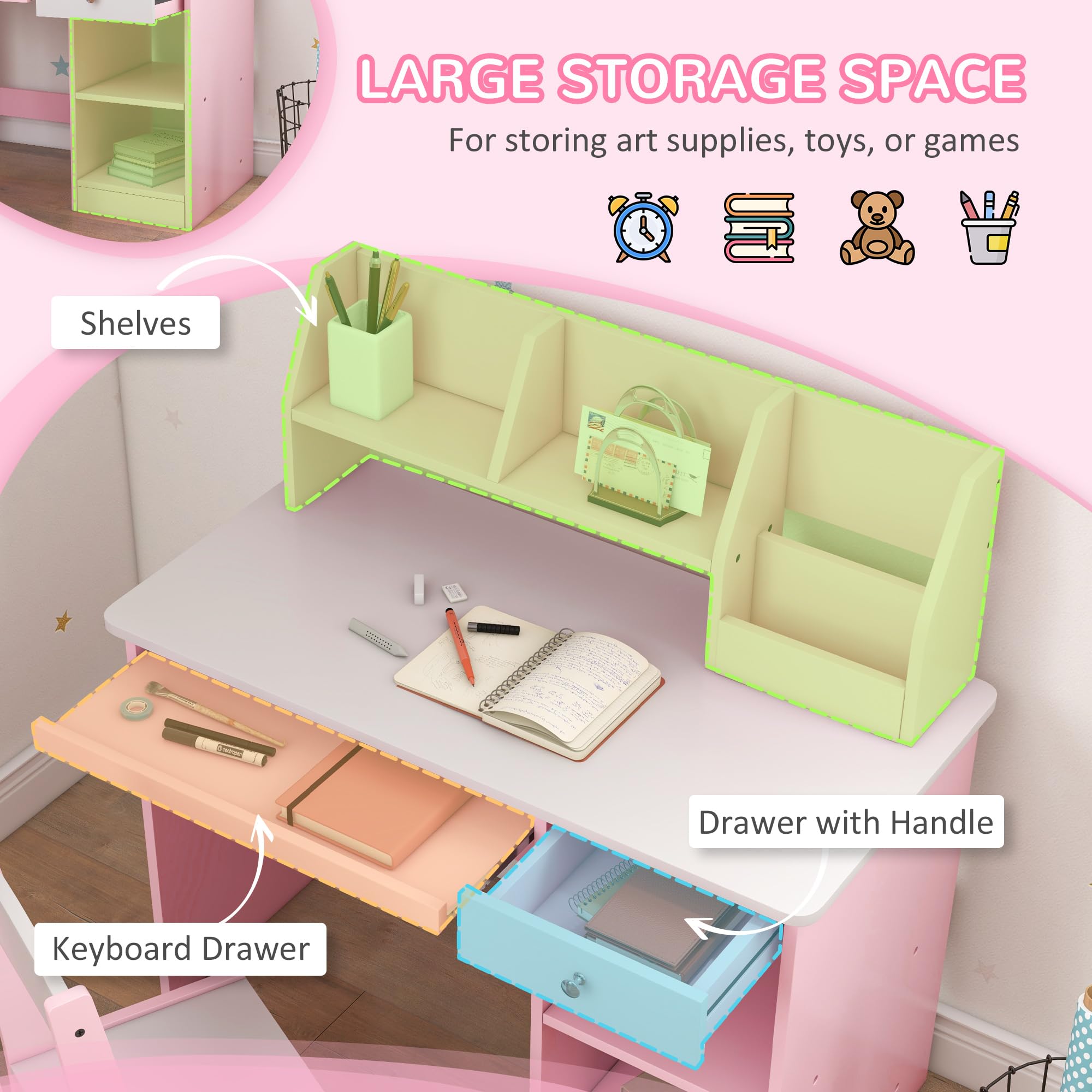 ZONEKIZ Set di scrivania e sedia per bambini 2 pezzi con cassetto per tastiera, rosa