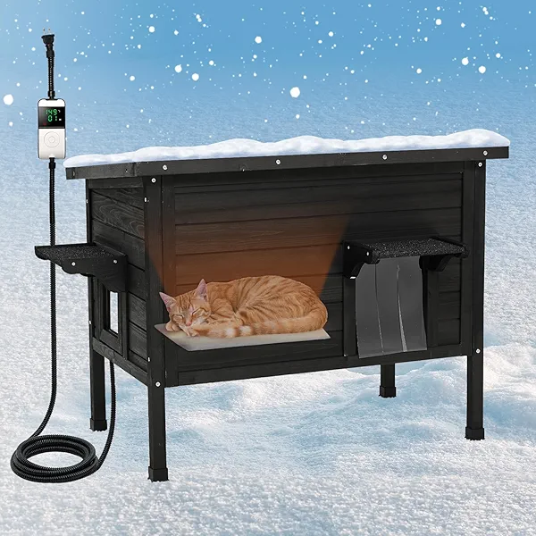Ciokea Heated Outdoor Cat House with Heating Pad - Weatherproof Insulated Feral Cat Shelter for Winter, Escape Door & PVC Curtain, Black