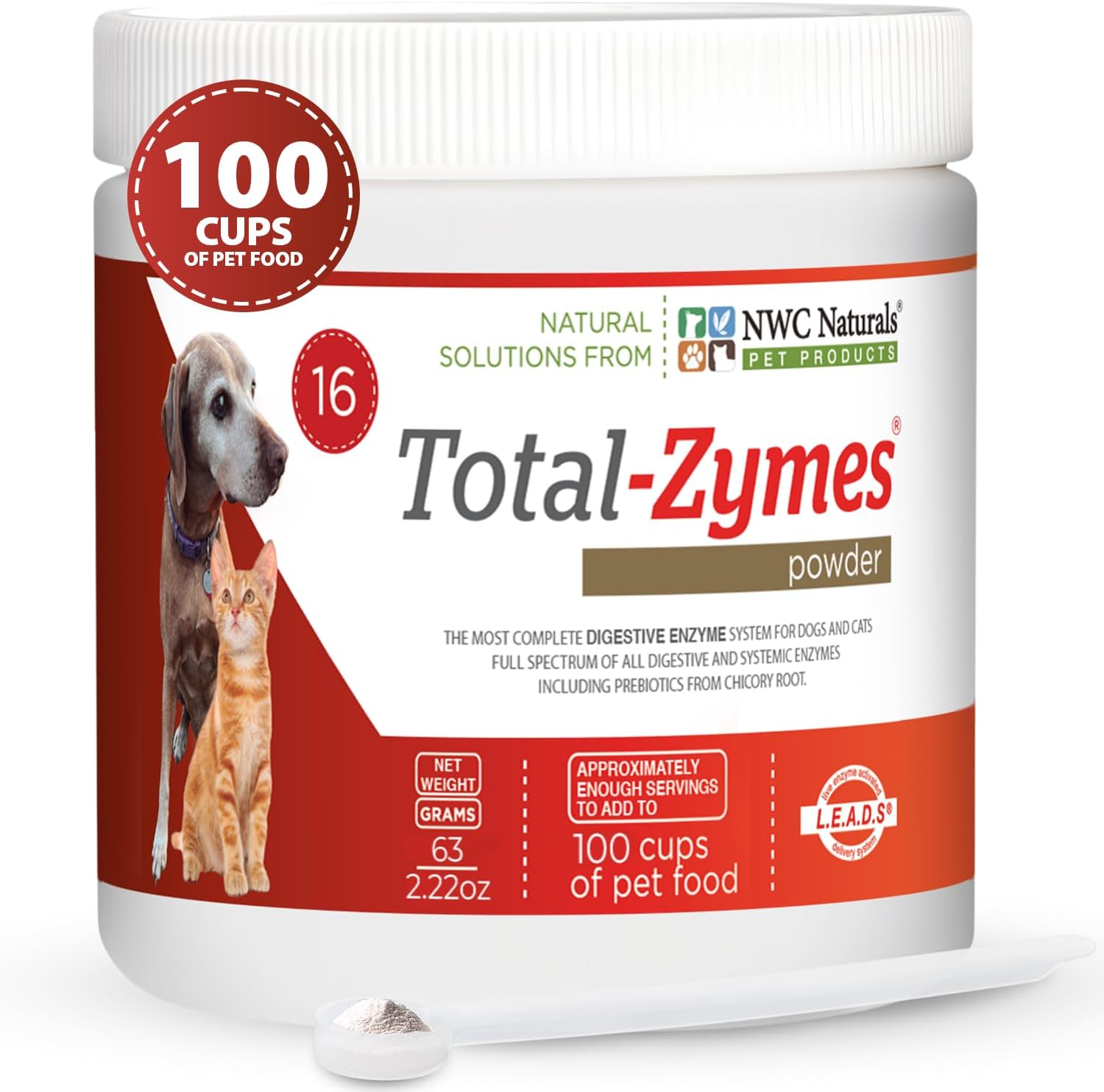 NWC Naturals Total-Zymes Digestive Enzymes for Cats and Dogs, Unflavored, Gut Health with Prebiotic to Support Food Digestion & Absorption, 100 Servings - 2.2 Ounces
