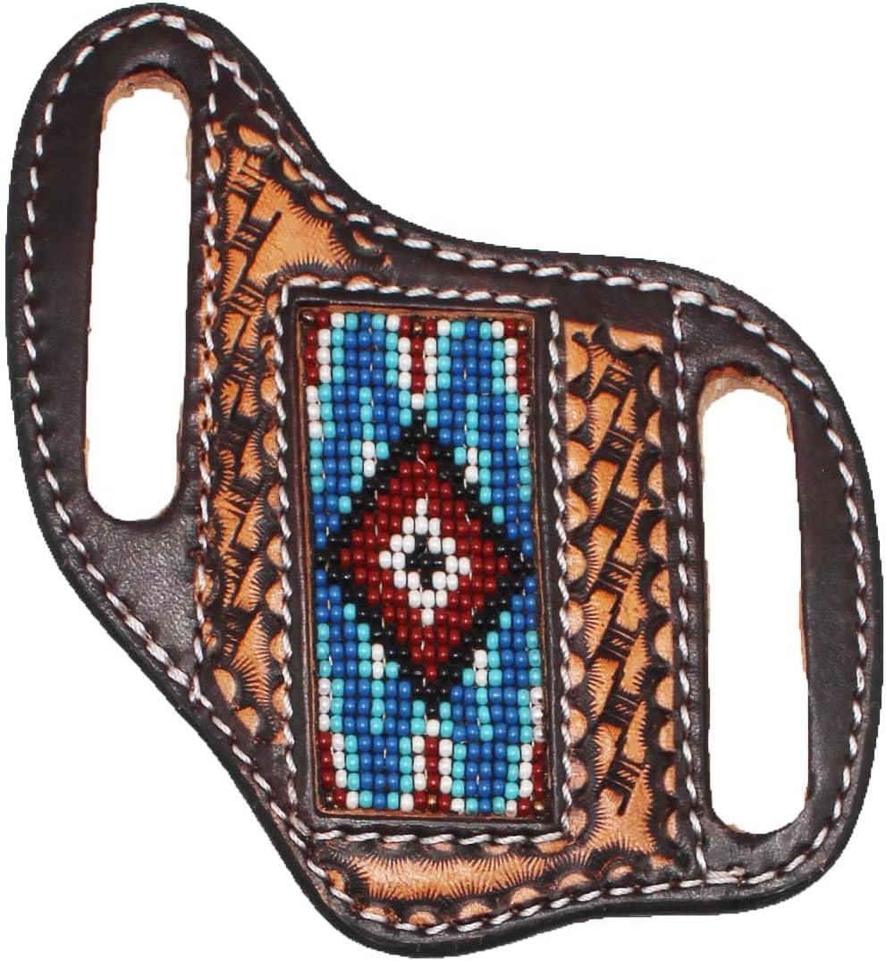 Western Basket Weave Tooled Leather Beaded Knife Holder Flat Sheath 29RT12B