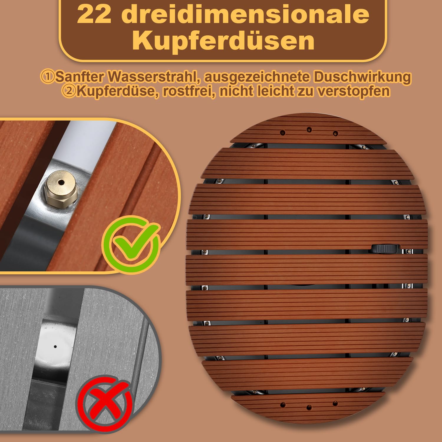 𝐎𝐥𝐥𝐞𝐰𝐢𝐞𝐥𝐥𝐚𝐧 Bodendusche Outdoor WPC, Gartendusche Außendusche mit Bodenplatte, Pooldusche mit 22 Messingdüsen,Wasserfontäne bis 4 m, Kalt-/Warmwasser Y-Verteiler,300 kg,Tragetasche