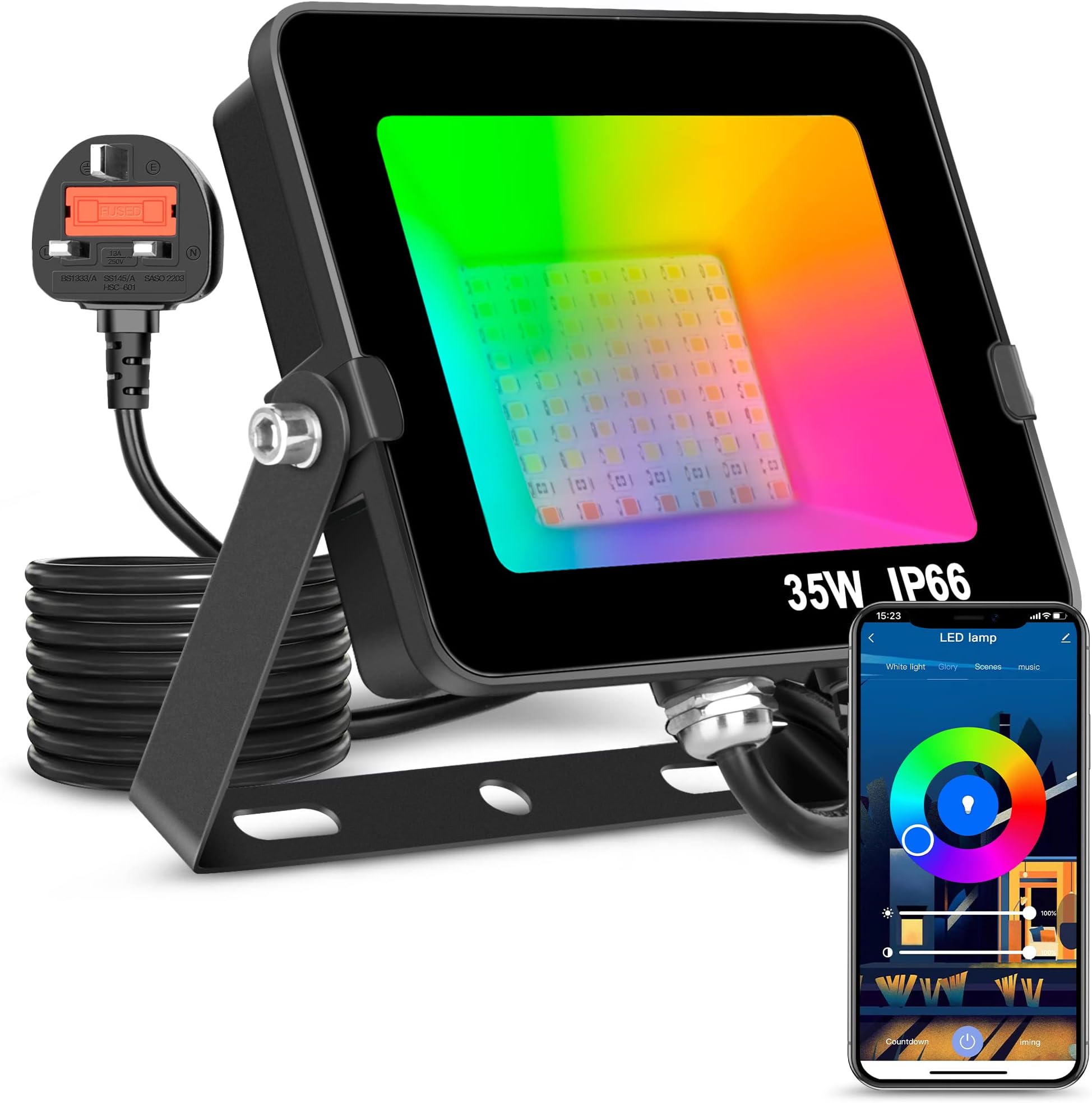 ausyde LED Floodlight Outdoor or Indoor 35W Smart RGB Colour Changing Flood Lights Bluetooth APP Control IP66 Waterproof dimmable Atmosphere Light for Decorative Stage Landscape Garden, UK 3 pin Plug