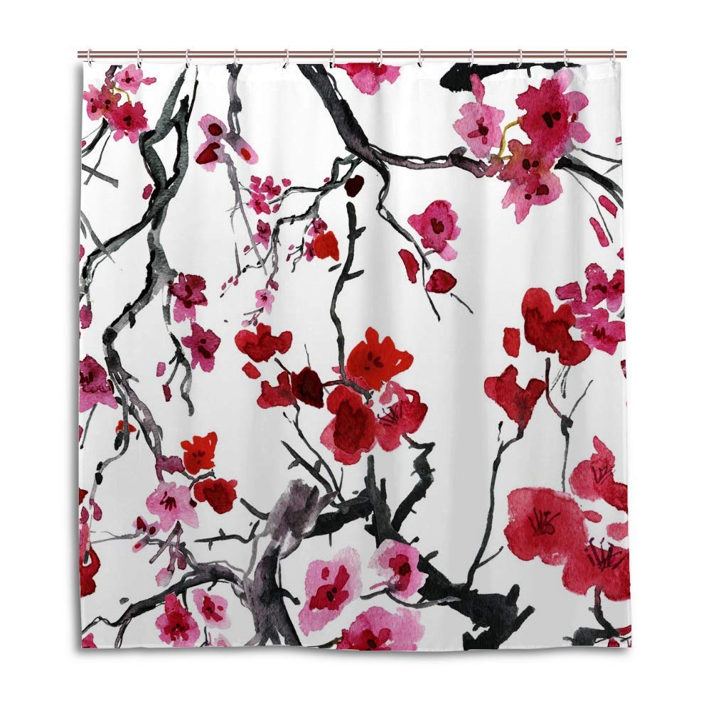 Rideau de douche cerisier 180x180 cm en polyester imperméable avec crochets