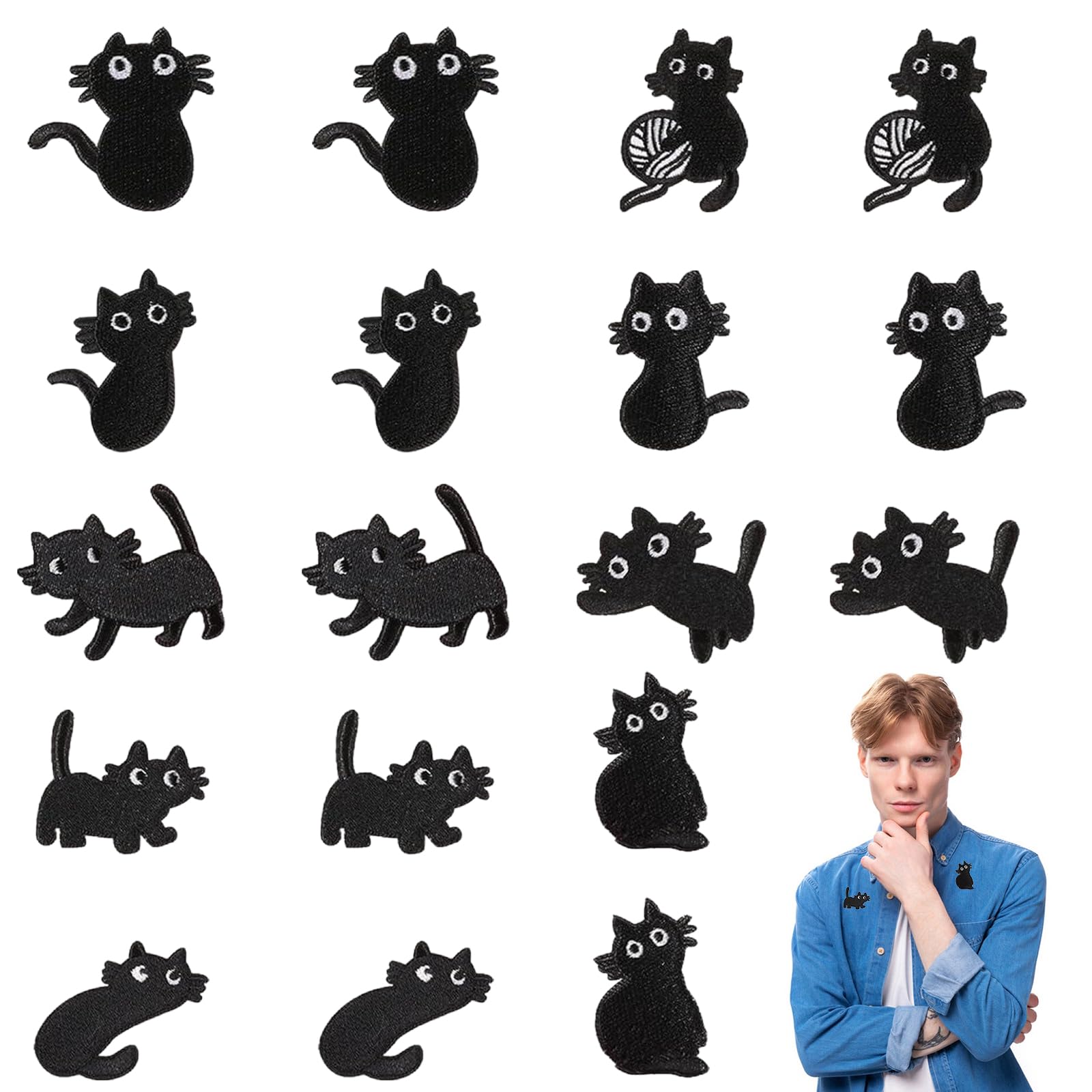 Homefantasy 18 Stück Aufnäher Schwarze Katze Patches zum Aufbügeln, Aufnäher Bügelflicken, Bügelbild Aufbügelflicken für Jeans Hosen T-Shirt Jacken Mützen