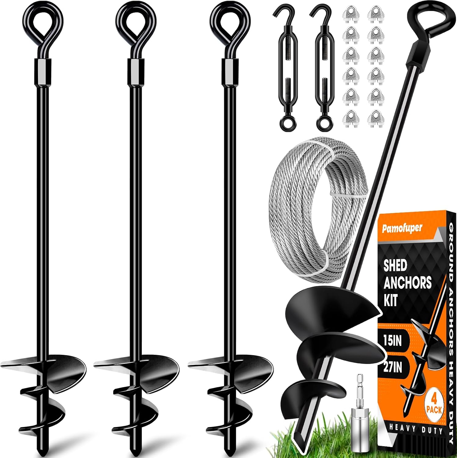 15in 4 Pack Ground Anchors with 1/8" Galvanized Cable Shed Anchor Kit, Trampoline Stakes Anchors High Wind – Ideal for Canopies, Sheds, Car Ports, Swing Sets Gazebo Greenhouse (15 in of 4 Pcs)