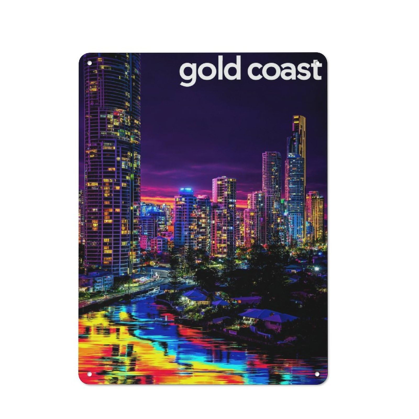 Junmoney Vibrant Gold Coast Nightscape -2 Rustic Metal Plaque 40X30cm For Hobby Room Or Studio, For Creative Interior Collectors
