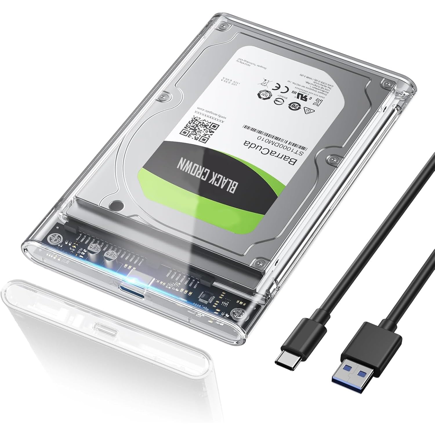 BLACK CROWN 2.5'' External Hard Drive Enclosure USB 3.1 to SATA III Tool Free, External Hard Drive Case for 7mm/9.5mm Type C to 2.5" SSD/HDD with USB C to USB Cable.(Black Transparent)-picture-27