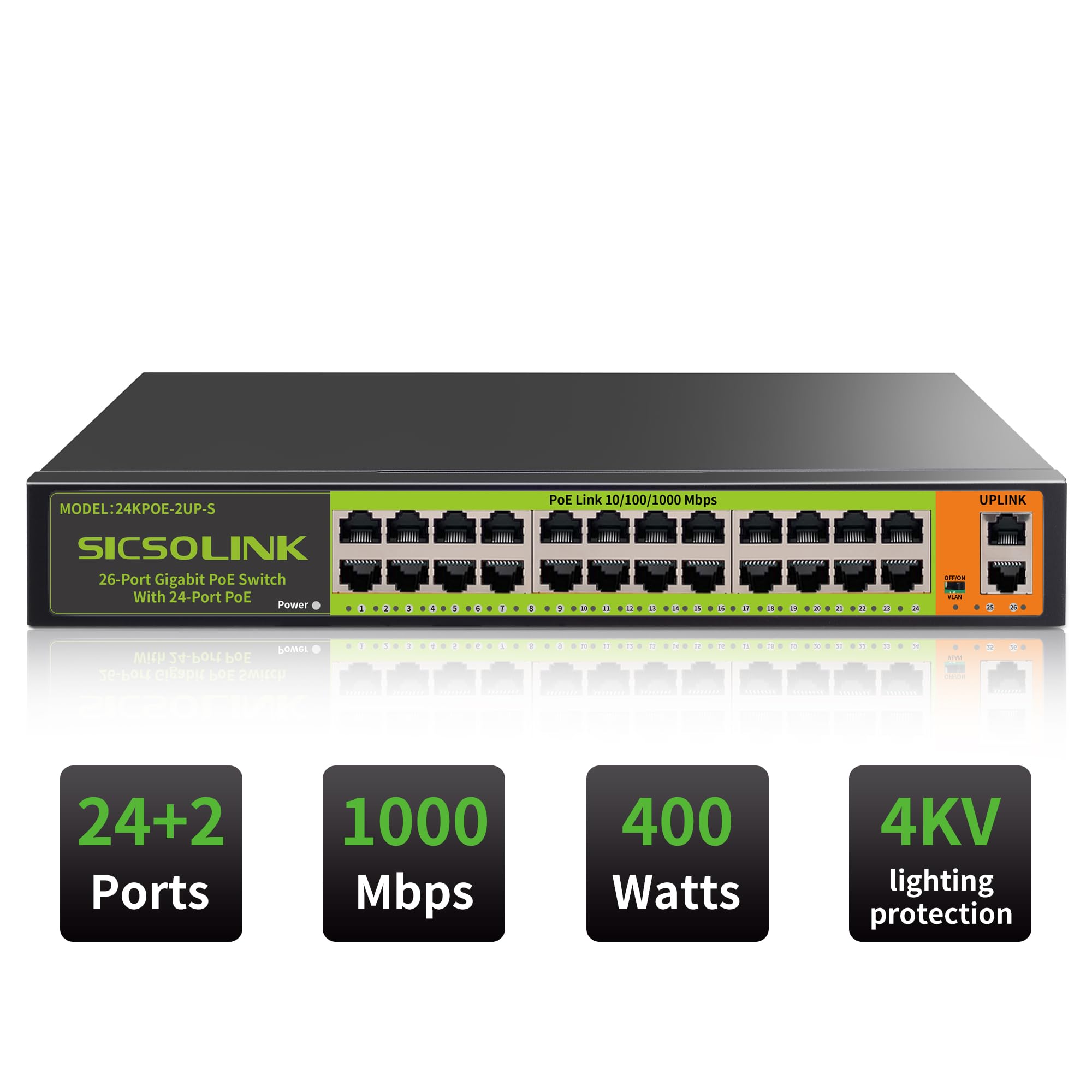 Switch PoE+ 24 Ports Gigabit, 400W, 2 uplinks, Non géré, Silencieux, Rack 19", pour caméras PoE, APs, PC.