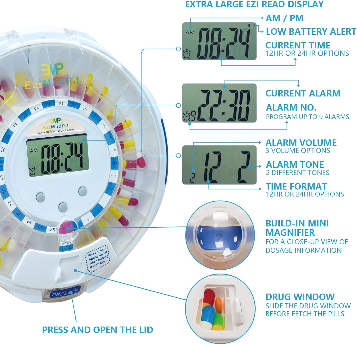 EziMedPil dispenser showing automatic rotation and alarm features.