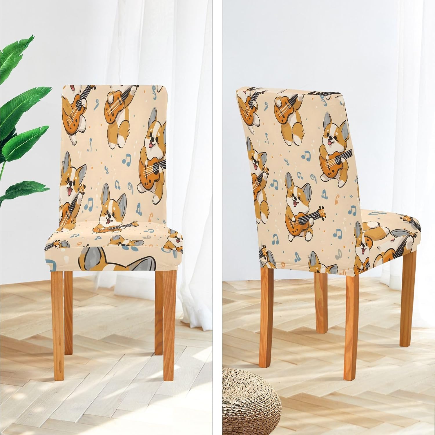 ALAZA Chair Covers for Dining Room, Playing Guitar with Dog Pattern Stretch Chair Cover Sets Chair Protector Removable Washable for Ktichen Restaurant Hotel