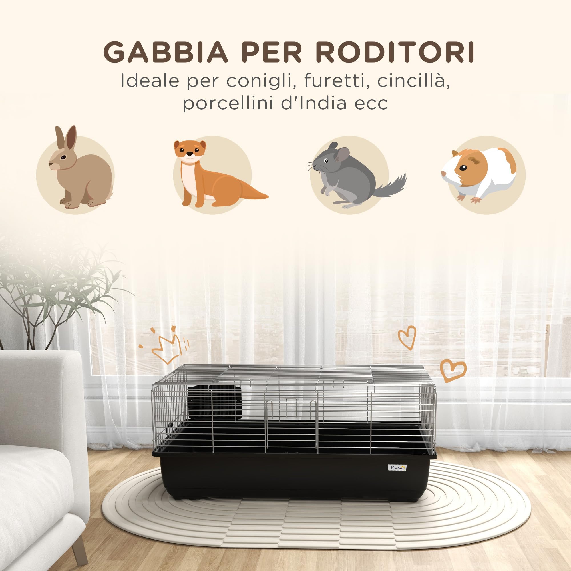 PawHut Gabbia per Conigli a 2 Aperture con Vassoio Rimovibile, Conigliera Gabbia per Roditori in Metallo e Plastica PP, 100x55x41 cm, Nero e Argento