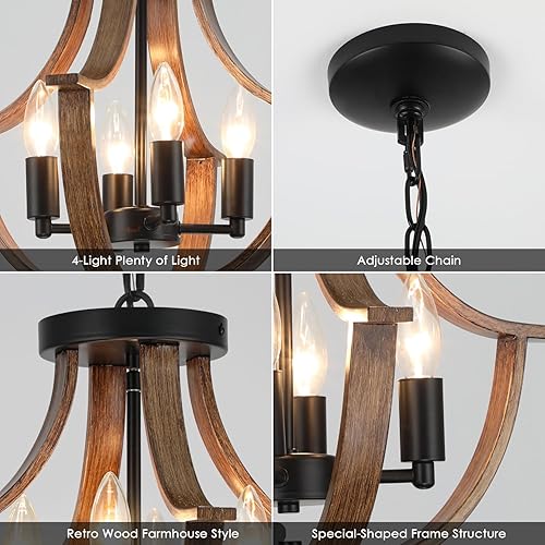Miniatura 9 de Iluminación Colgante de Granja, Lámpara de Techo de Montaje Empotrado de 4 Luces Rústica, Moderna Lámpara Colgante de Madera Sintética Vintage para