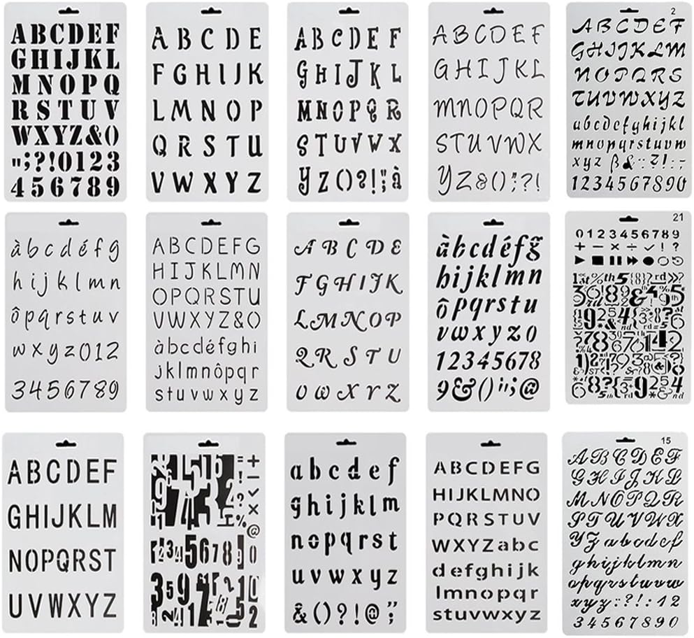 15 Pack Alphabet Letter Number Stencils Plastic Bullet Journal Drawing Painting Stencil Supplies Template for Painting and Crafts