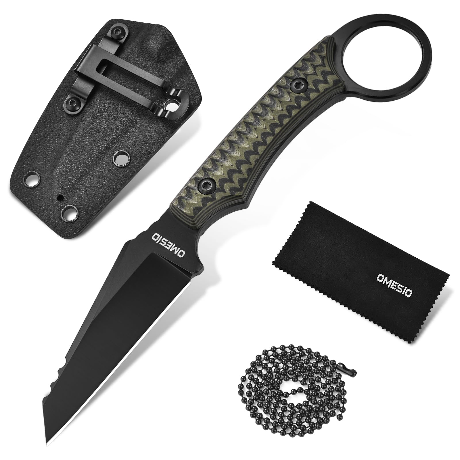 Omesio Neck Knife D2 Steel Reverse Tanto G10 Full Tang Kydex | Kompaktowy nóż EDC D2 z ostrzem Reverse Tanto 8,5 cm, rękojeścią G10, pochwą Kydex, klipsem i łańcuszkiem