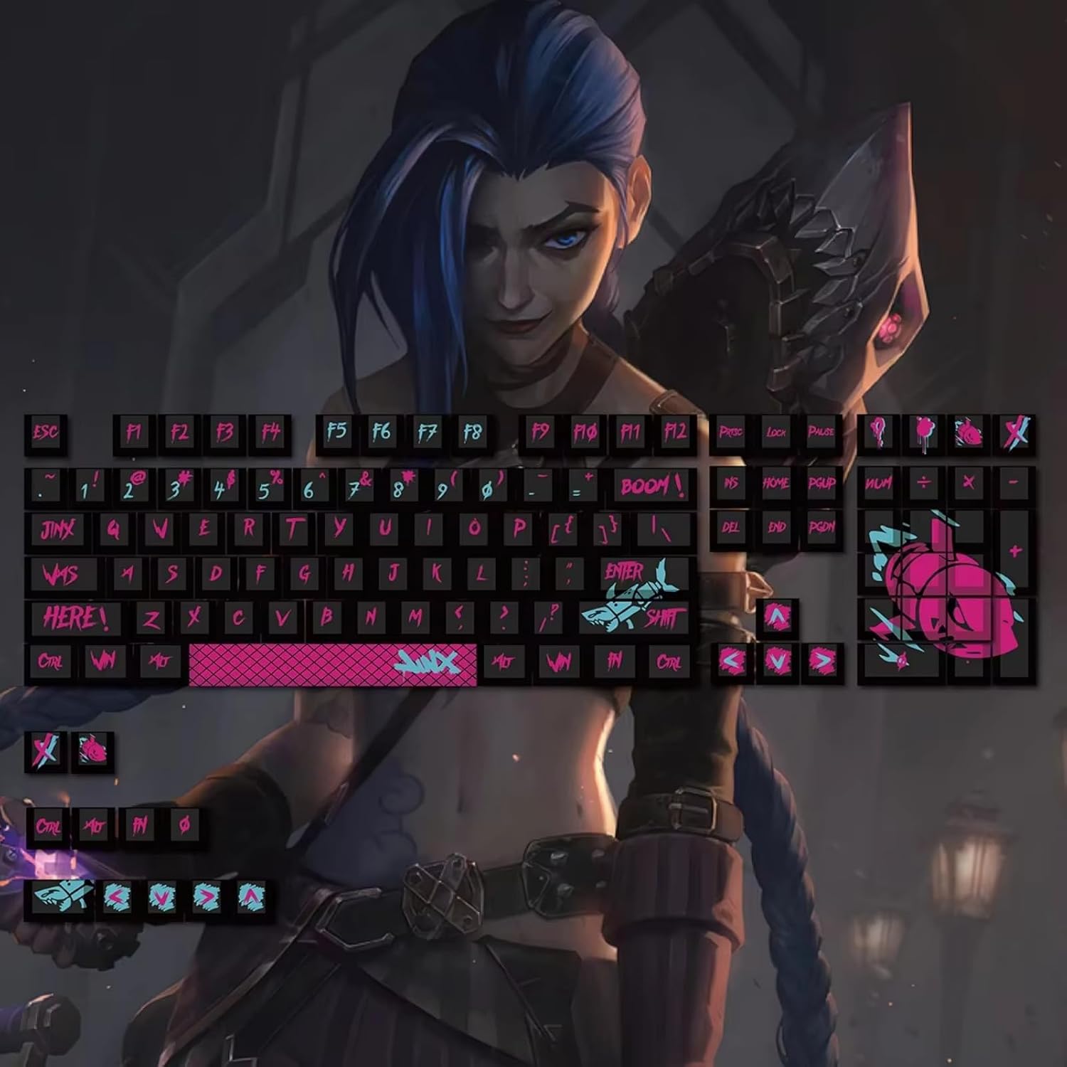 108 Keys Game LOL Jinx Keycap Mechanical Keyboard Set Light Transmission Heat Sublimation PBT Anime Keycaps for Most Wired Keyboards