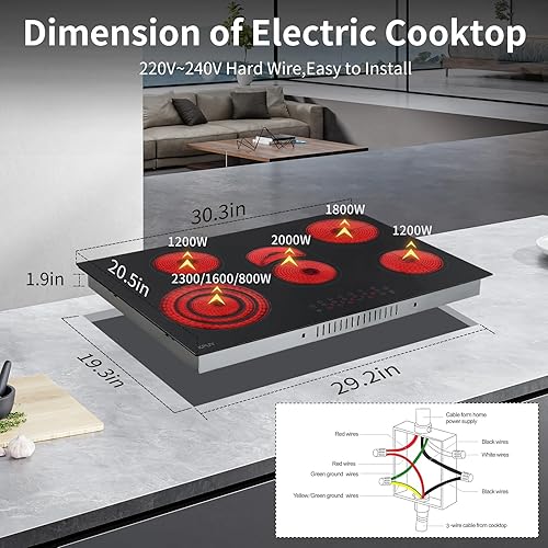 Miniatura 3 de KPUY Estufa eléctrica de 30 pulgadas (220-240 V para cable duro, sin enchufe), 8500 W, 5 quemadores, quemador integrado de encimera, sensor táctil,