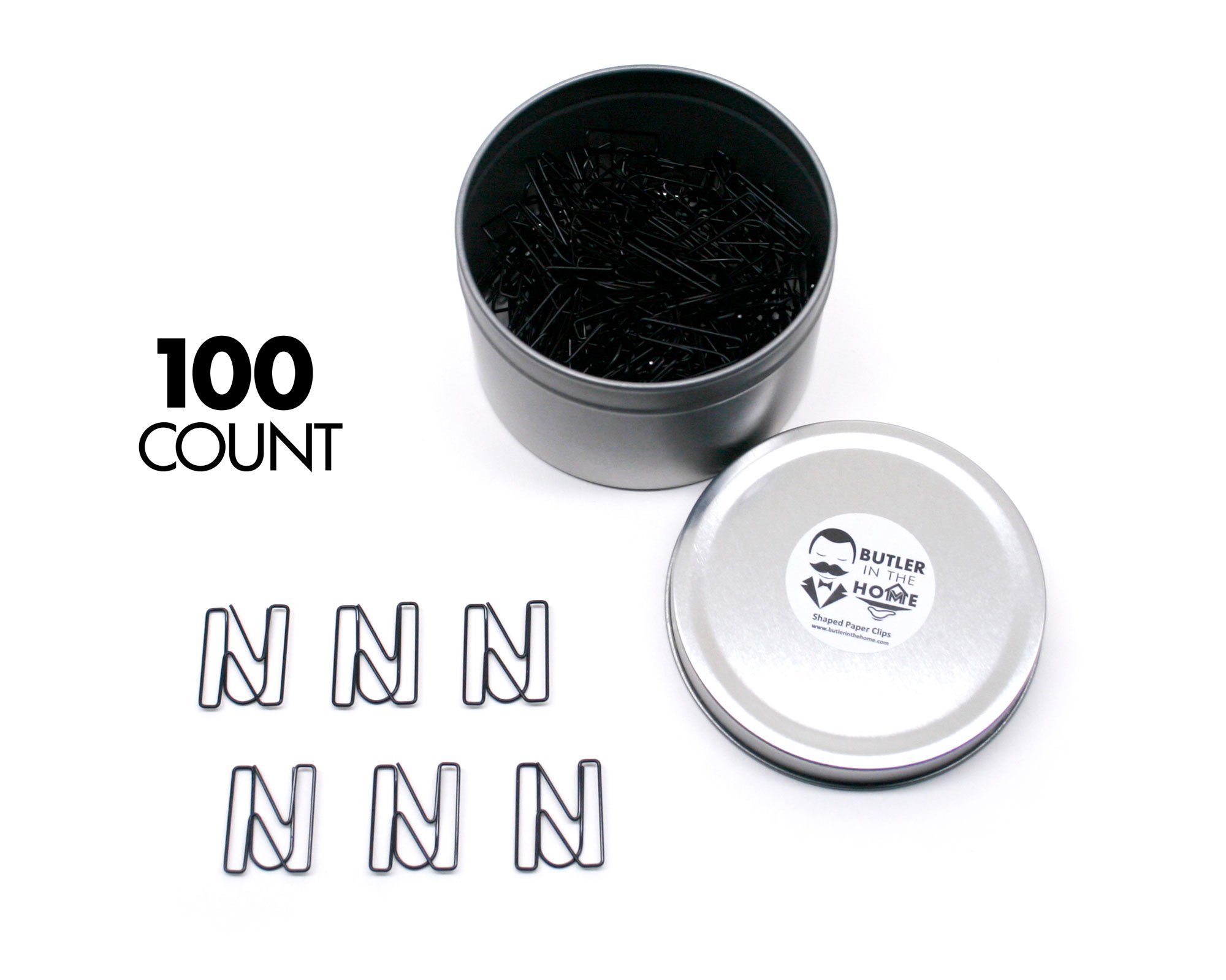Butler in the Home Pick Your Favorite A-Z Alphabet Letter or 0-9 Number - 100 Count Black Colored Paper Clips for Initials or Birthdate - Comes in Round Tin with Lid and Gift Box (Letter N)