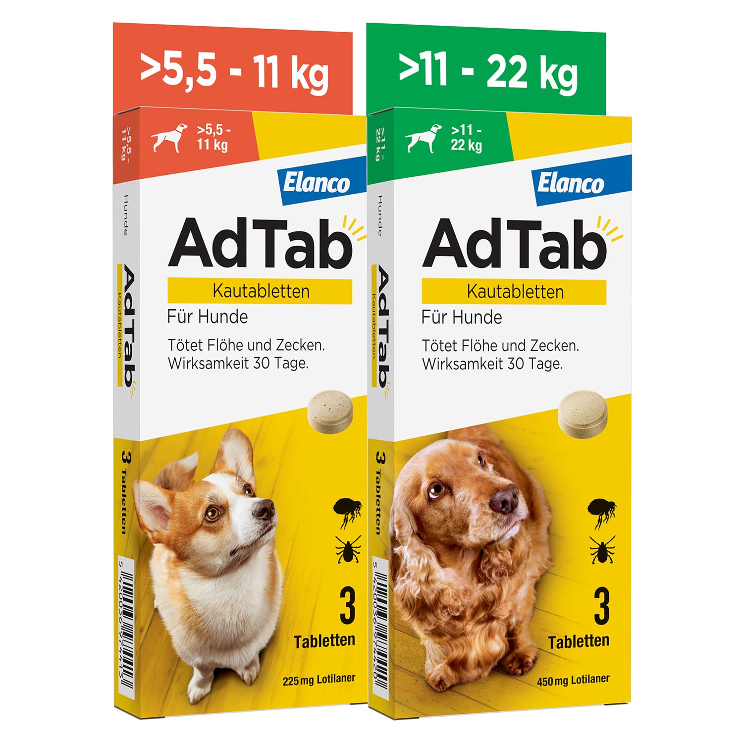 AdTab Kombi-Set: Zecken- & Flohschutz für 2 Hunde in verschiedenen Größen (>5,5-11 kg & >11-22 kg), 2 Packungen mit je 3 Kautabletten, einfach zu verabreichen & schmackhaft