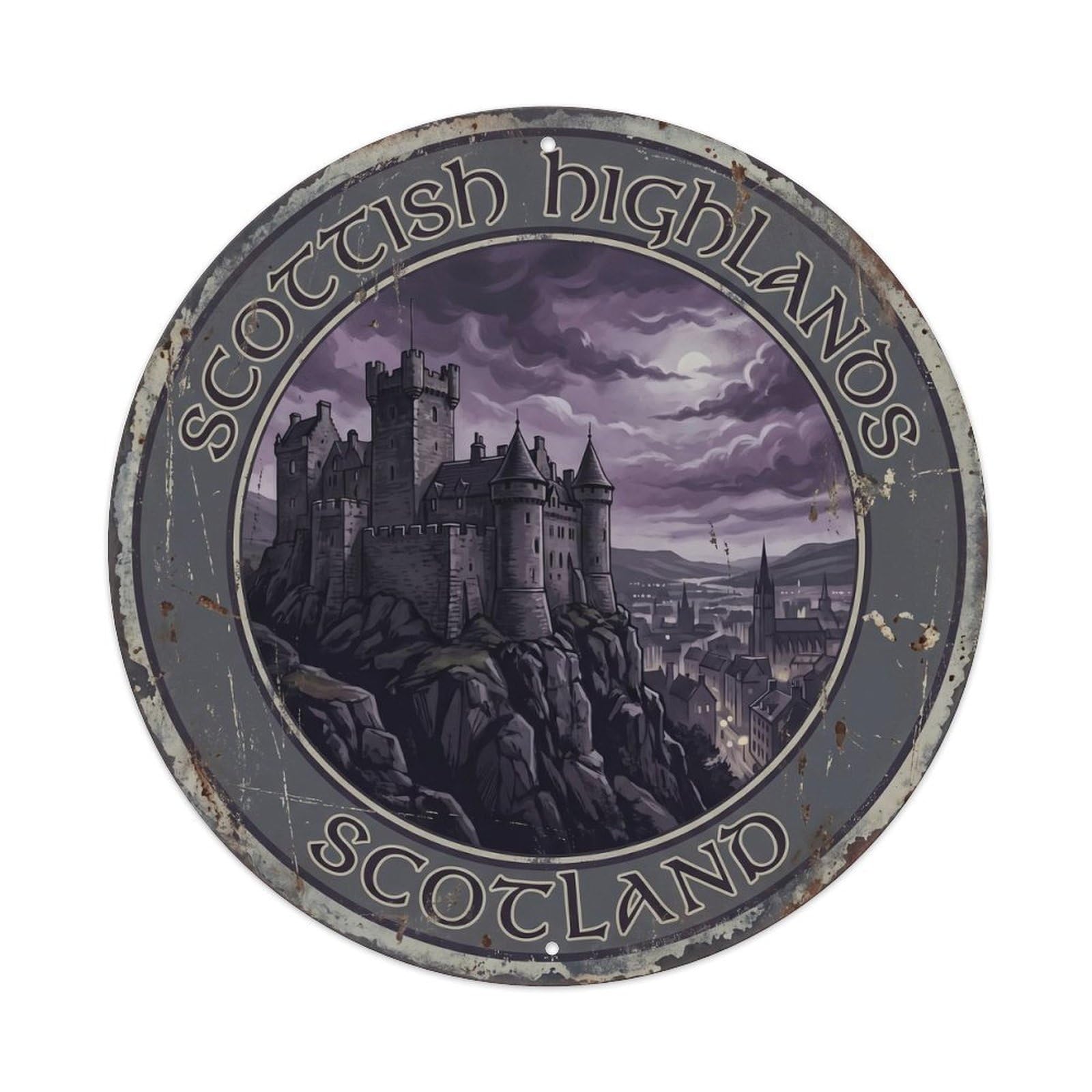 Vintage Travel Scottish Highlands Scotland Metal Tin Sign Plaque Wall Decor for Cafe, Club, Garden Round Metal Poster 8x8Inch