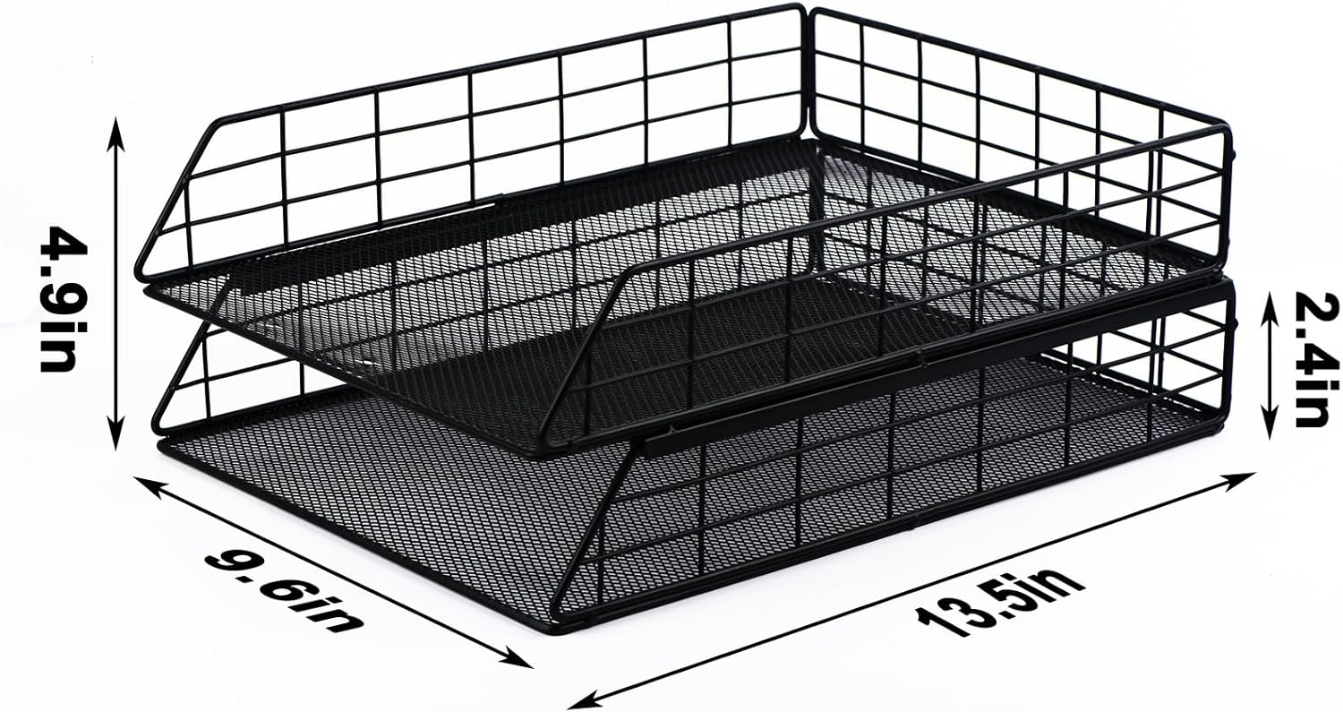 2 Pack Stackable Letter Tray Paper Organizer, Metal Desk Organizer Tray for Letter/A4 Paper Storage, Suitable for Office, School, Home, Black