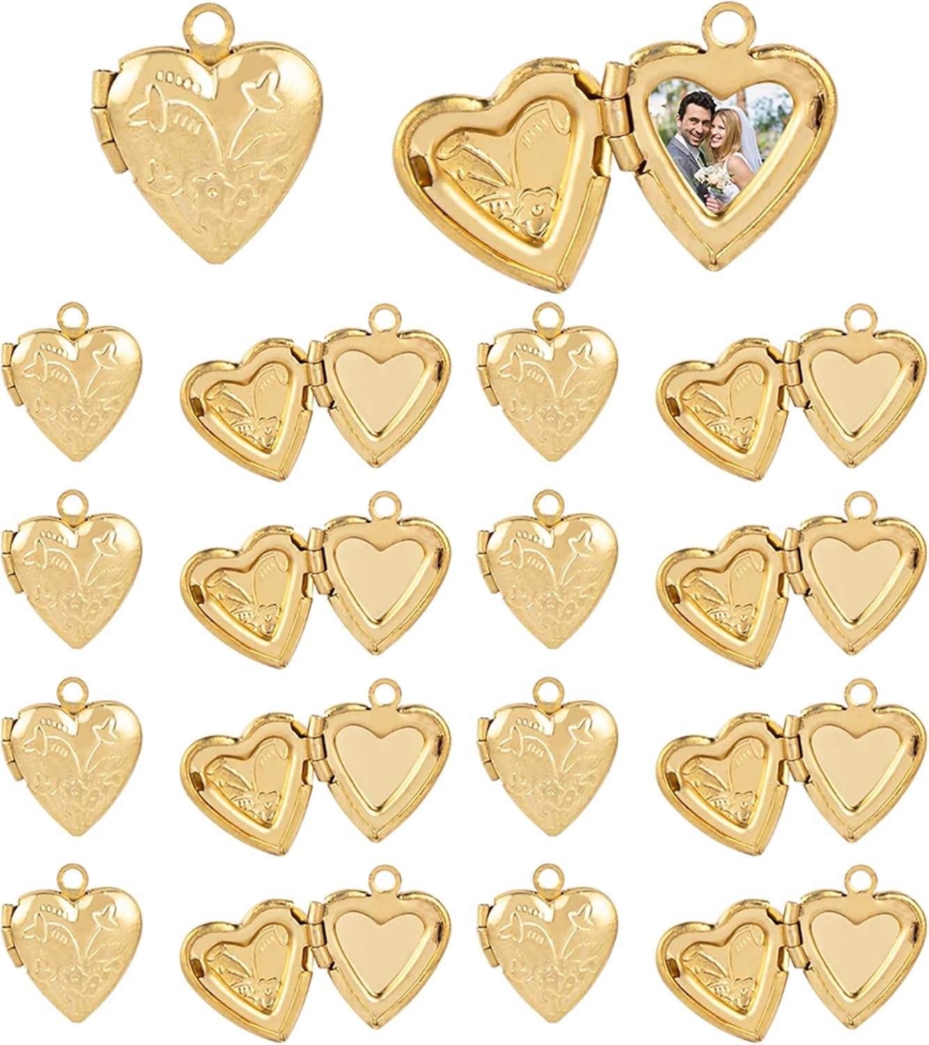 Framendino, 20 Pack Gold Heart Photo Frame Charms Locket Pendants Memory Pendant for DIY Necklace Bracelet Jewelry Making