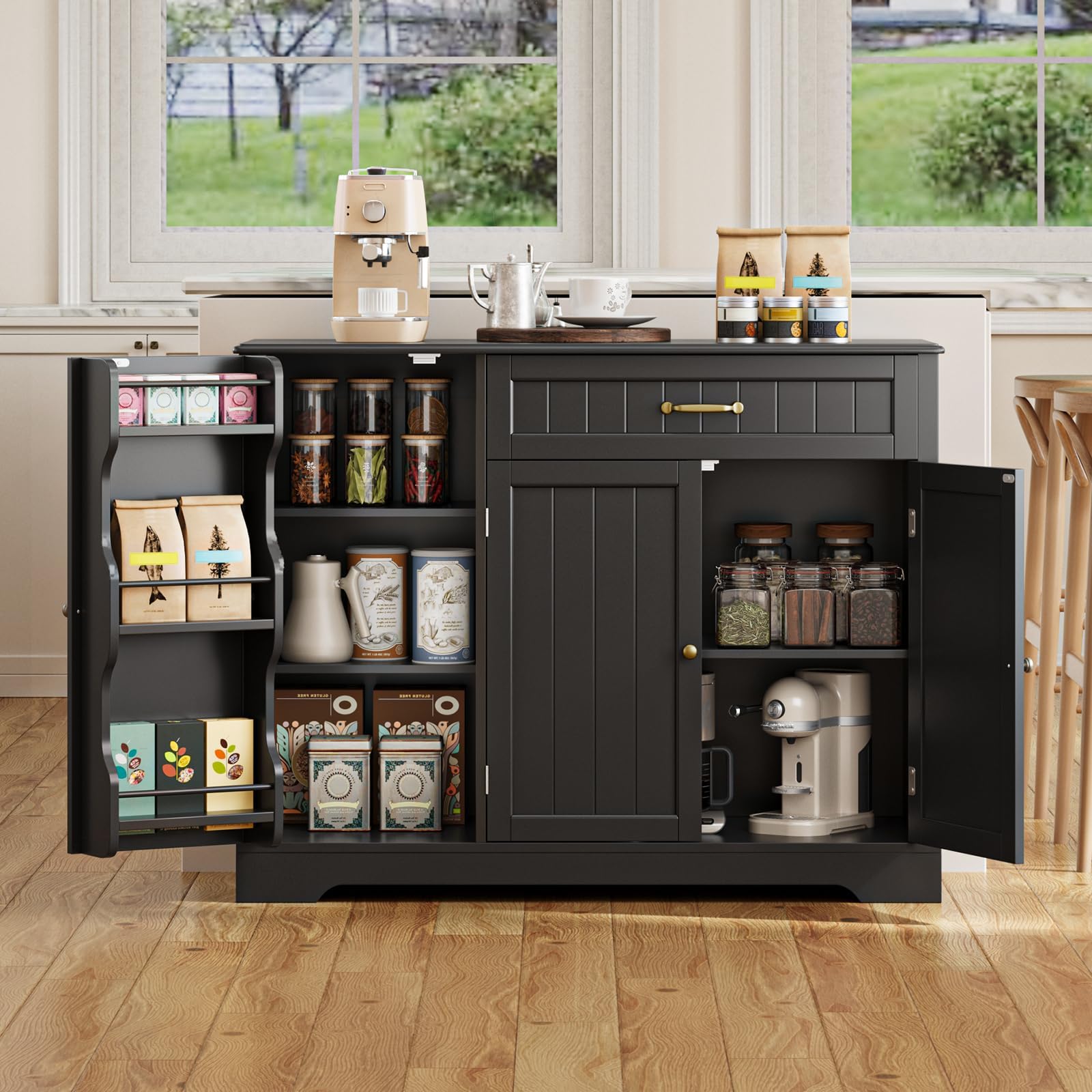 Gizoon Kitchen Sideboard Buffet Cabinet with Storage Small Coffee Bar Cabinet with Drawer, Kitchen Pantry Storage Cabinet with Door and Shelves for Bathroom and Living Room, Black