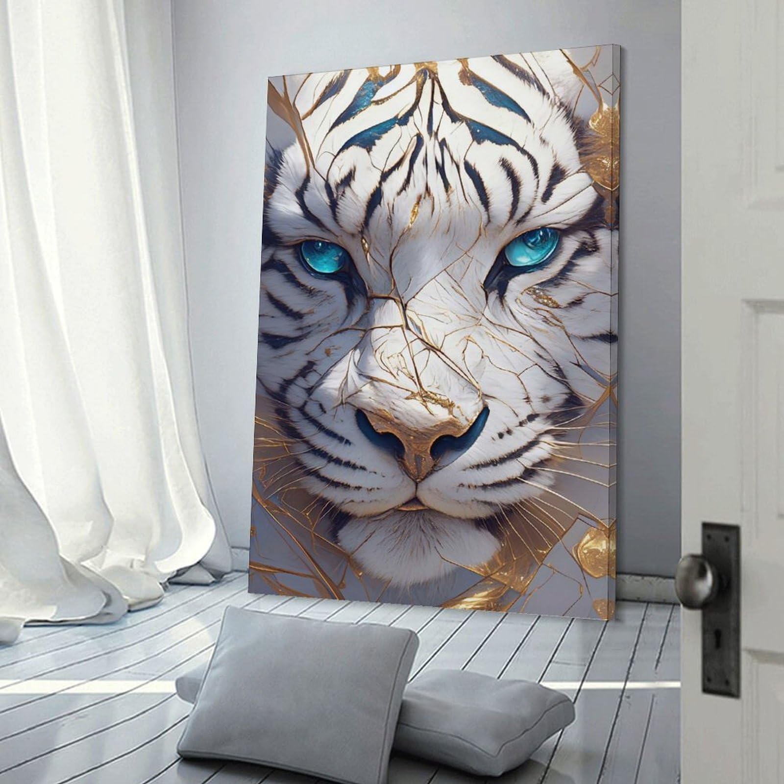 Junmoney White Tiger with Golden Accents Canvas Wall Picture 24x36inch(60x90cm), for Entryway, Lounge Links Or Small Walls, Decorative Canvas Styling for Entry Areas