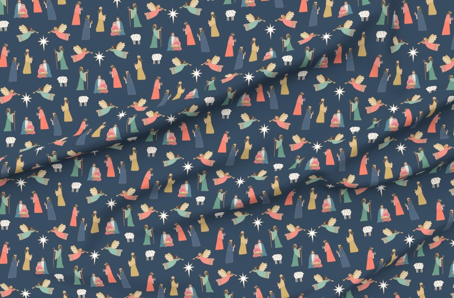 Spoonflower Fabric - Blue Nativity Star Holiday Christmas Mary Joseph Baby Jesus Printed on Petal Cotton Fabric by The Yard - Sewing Quilting Apparel Crafts Decor