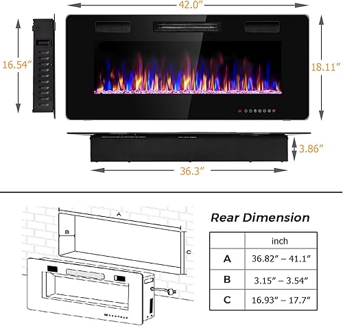 Miniatura 5 de COSTWAY Chimenea eléctrica de 42 pulgadas, 750 W1500 W empotrada en pared y montaje con control remoto, 12 colores de llama, 5 ajustes de brillo,