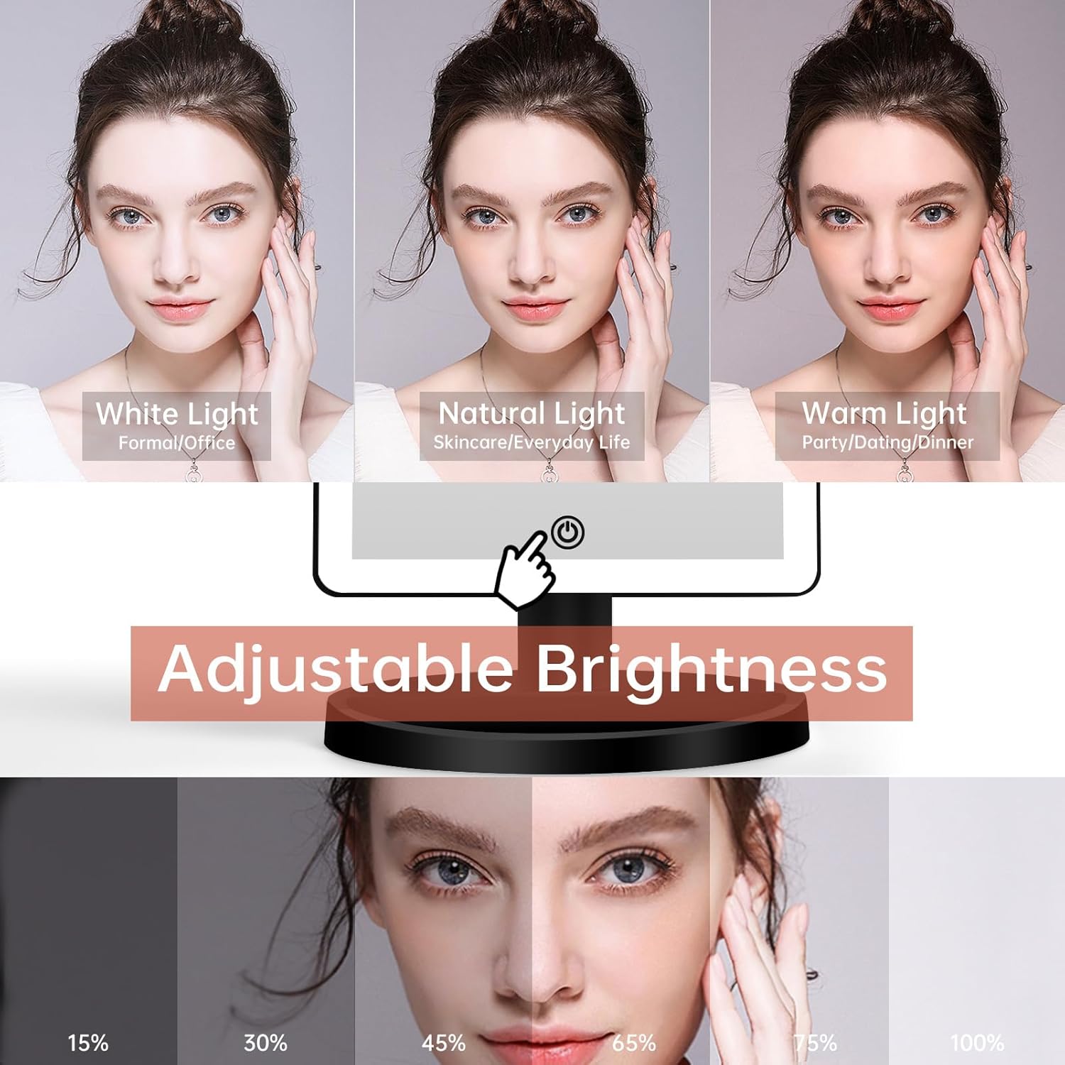 FUNTOUCH Large Lighted Makeup Mirror with Lights, 3 Color Lighting Modes Light Up Mirror with 88 LED, 10X Magnification and 360° Rotation Touch Screen Tabletop Cosmetic Vanity Make Up Mirror (Black) - Image 3