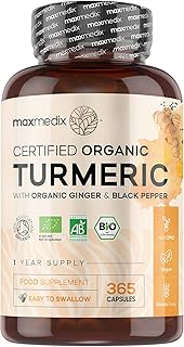 BIO Kurkuma kapsułki - BIO czarny pieprz i imbir - 365 wegańskich kapsułek jako zapas roku - wysoka absorpcja składników odżywczych dzięki 95% piperyny - 480 mg na kapsułkę - wegańskie i certyfikowane składniki