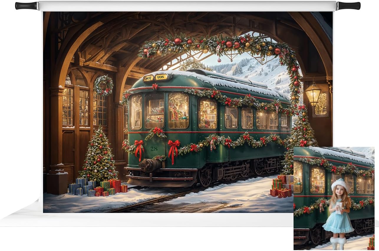 Kate Extreme Train Photography Background Christmas Outside Professional Photo Backdrop for Photoshoot Winter Station Backdrop for Family Portrait Kids Photoshoot, 7X5ft