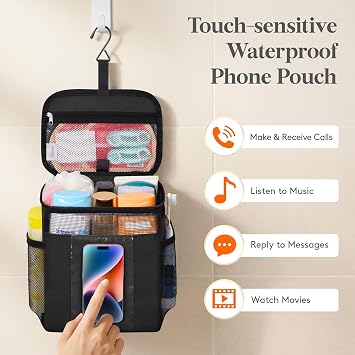 Lifewit Mesh Shower Caddy, Hanging Bathroom Organizer with PVC Phone Bag | Quick Dry, Portable, Toiletry Tote Bag, College Dorm Room Essentials for Travel, Gym, Camping, Medium, Black