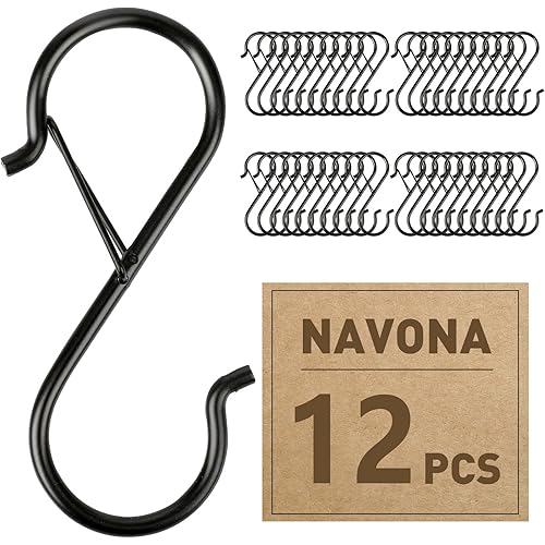 12 Pcs S Hooks for Hanging Heavy Duty, 3.5-inch Heavy Duty Metal S Hook with Safety Buckle, Suitable for 0.5 inch Rods, S Hook for Hanging Plants, Closet, Kitchen Utensil, Pot, Pan, Bags
