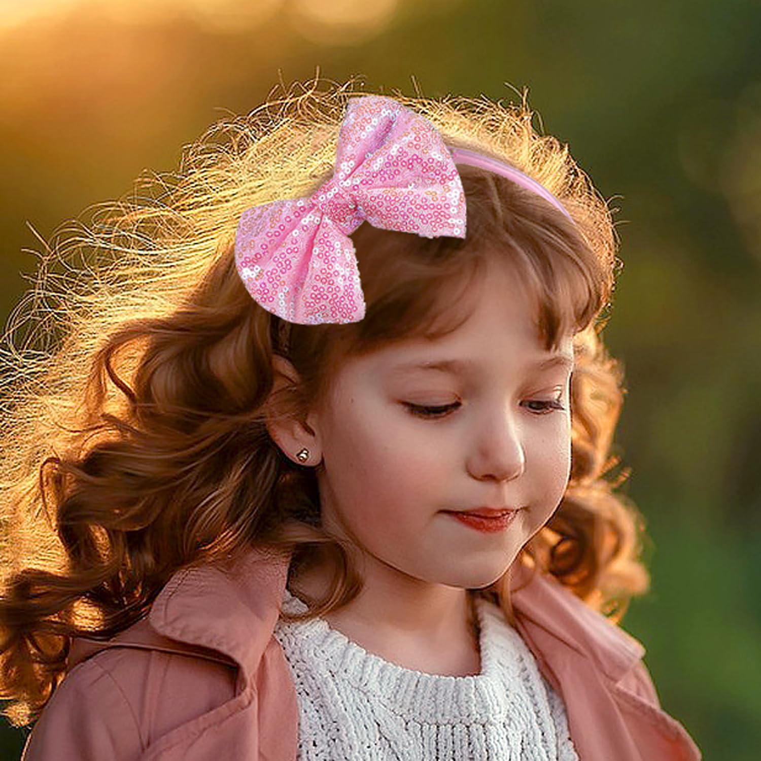 Sequin Bow Pink Headband Pink Sequin Tiny Bow Girls Hair Headband Satin 1/2 main image 3