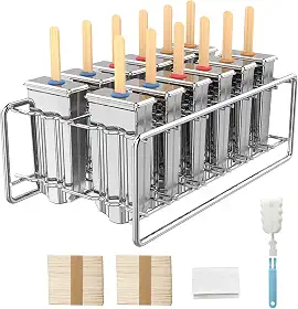 Pacote com 12 moldes de picolé de aço inoxidável, moldes de picolé de gelo caseiros com suporte, máquina de guloseimas de gelo de congelamento rápido de cabeça redonda reutilizável com palitos