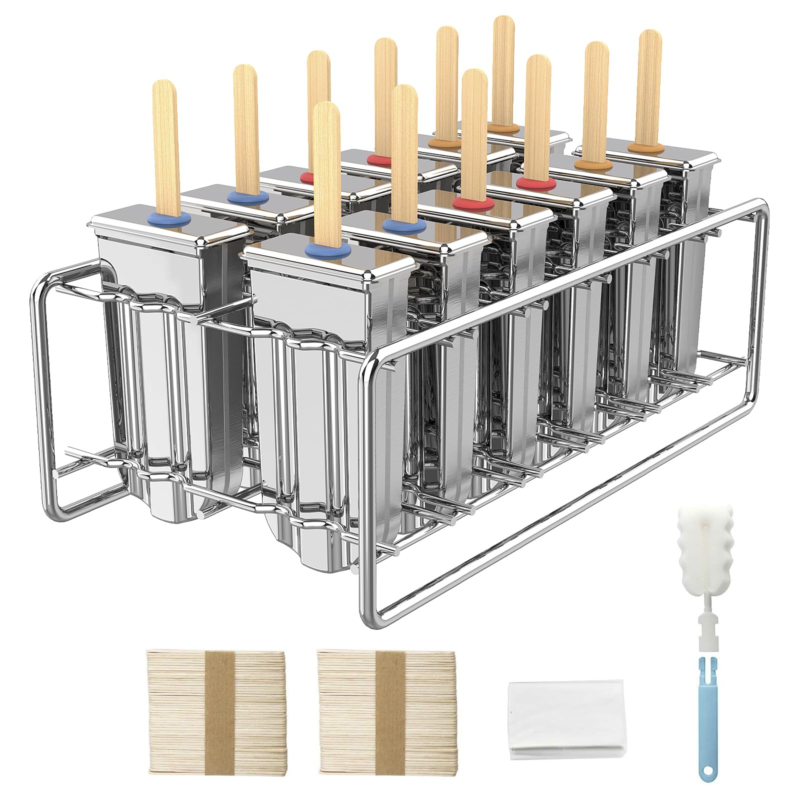 Paquete de 12 moldes para paletas de acero inoxidable, moldes caseros para polos de hielo con soporte, reutilizable, cabeza redonda, congelación rápida, con palos de madera y bolsas