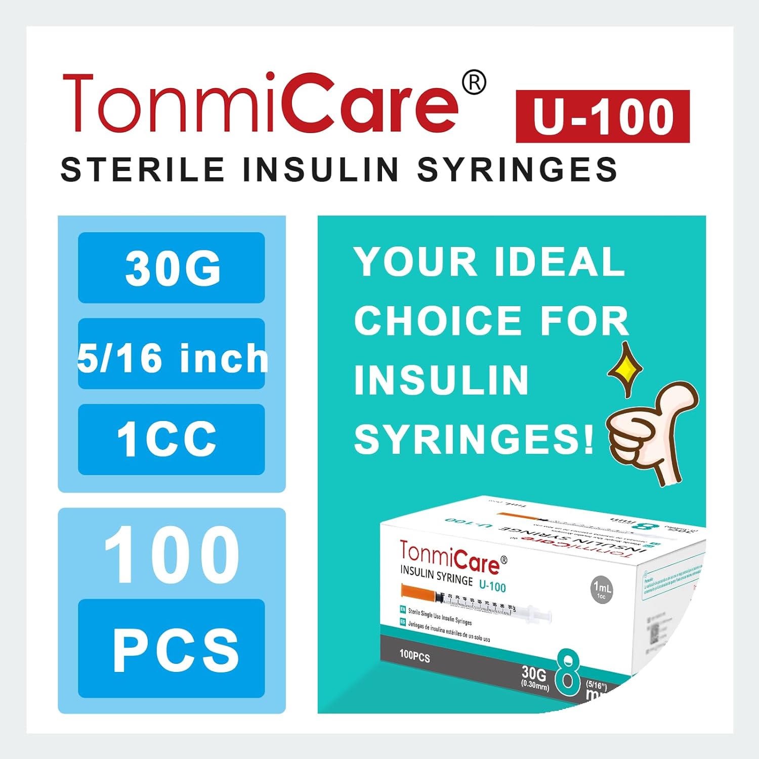 Insulin Syringes U-100 30G 1ml/cc 5/16"(8mm), Individually Sealed Pack of 100 count