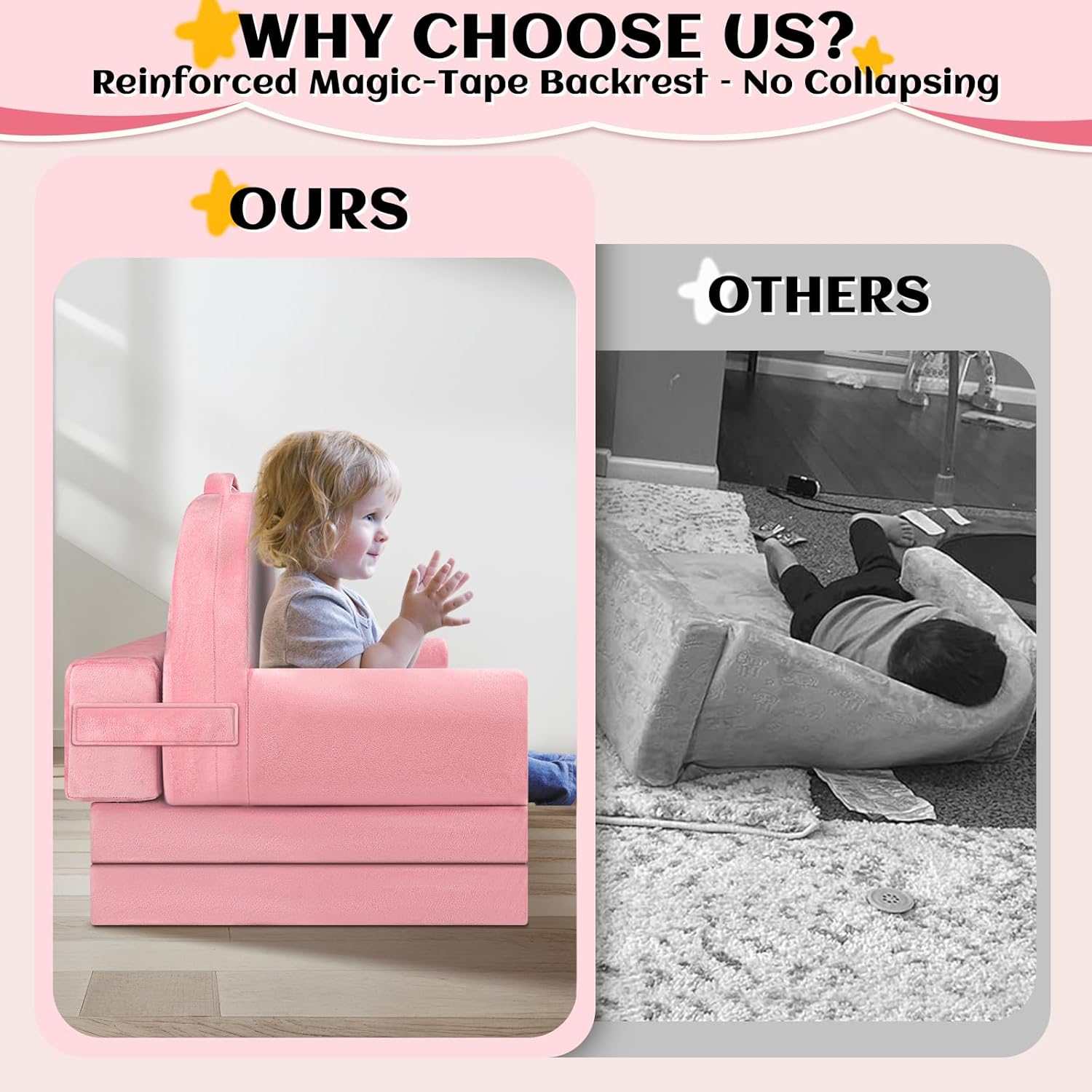 Unicorn Kids Sofa Bed with Removable Washable Cover & ​​Hook and Loop​​ Backrest – Foldable Toddler Chair, Cozy Crystal Velvet Furniture for Playtime, Naps & Travel (Pink, Unicorn Design)