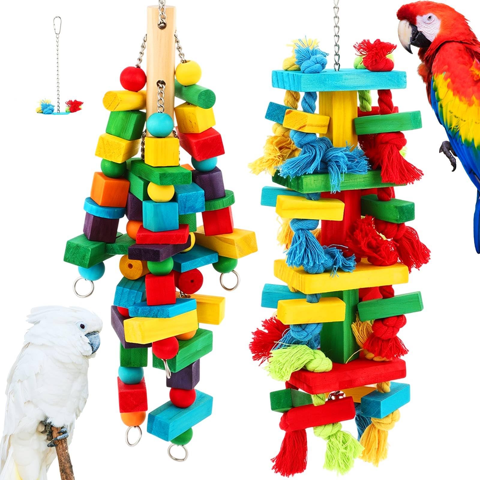 Sosation 2 Stück Vogelspielzeug für Papageien, große Regenbogen-Holzblöcke