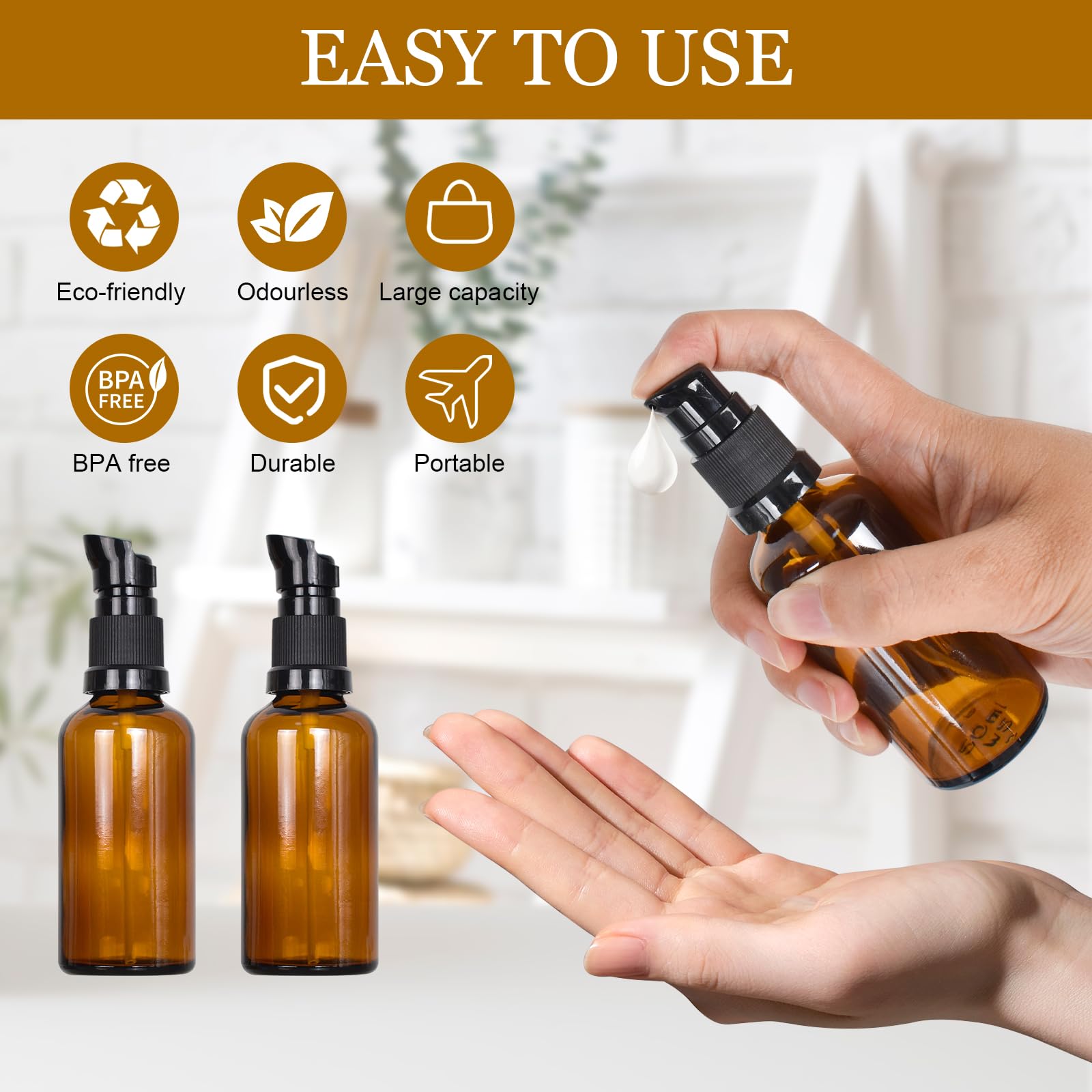 Botellas de Vidrio Marrón 50ml, Botellas de Loción de Vidrio Ámbar Rellenables con Etiqueta, Dispensador para Aceite Esencial