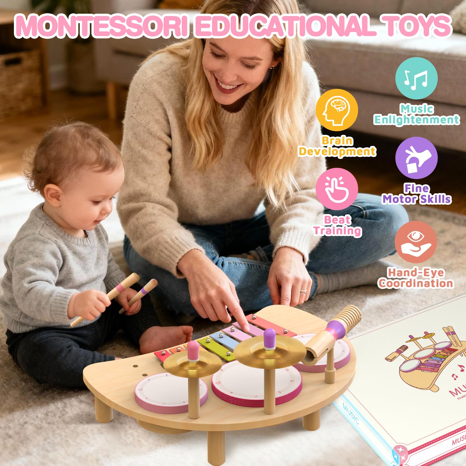 Montessori, set di tamburi in legno, strumenti musicali per bambini, set di batterie in legno con xilofono, giocattolo musicale per bambini in età prescolare, regalo di compleanno educativo per
