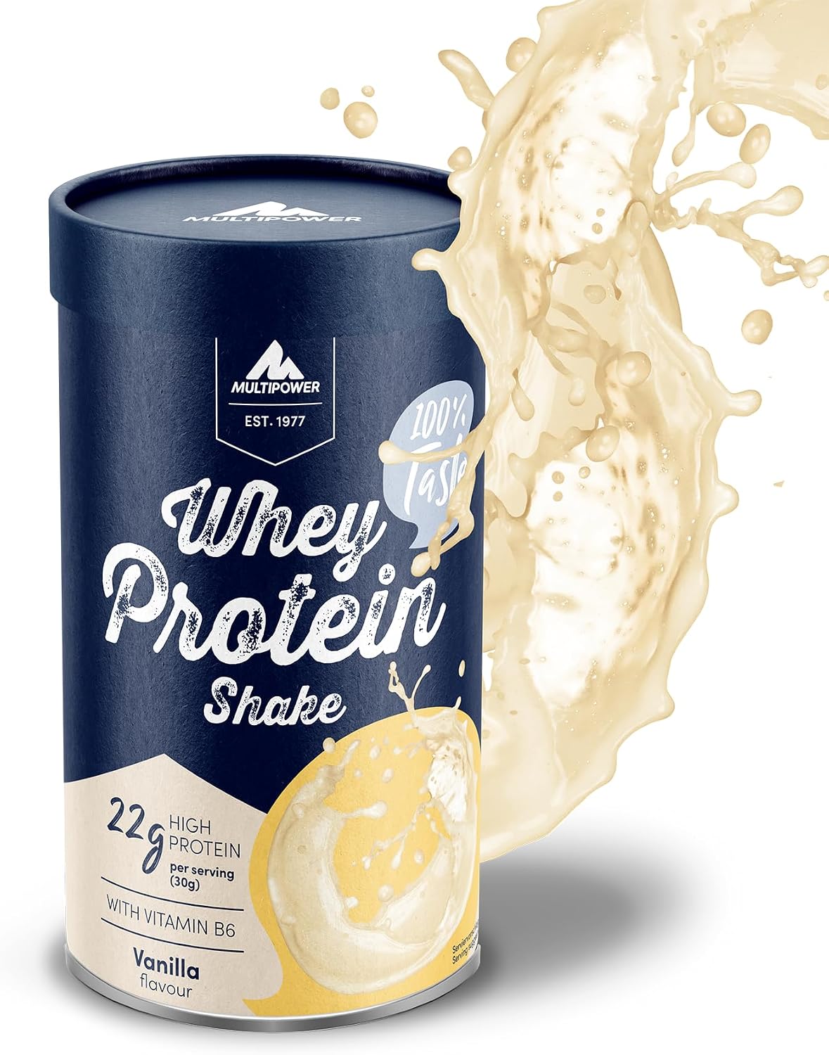 Multipower Whey Protein Shake   water-soluble protein powder with vanilla flavor made from whey concentrate and isolate   21 g protein and vitamin B6 in sustainable cardboard wrap can   420 g