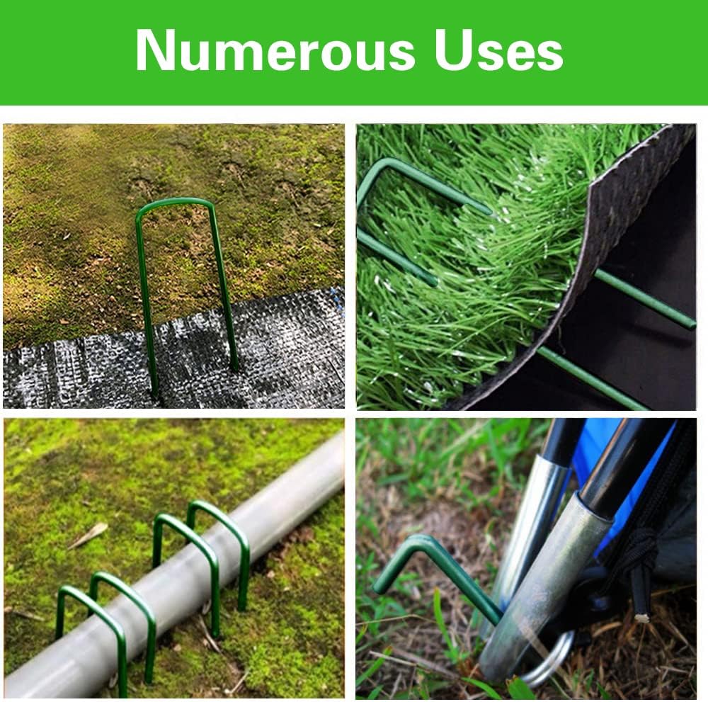 Bakulyor 200Pcs Green Landscape Staples 6 Inch Garden Artificial Turf Stakes Staples, 11 Gauge Lawn Galvanized Ground Fabric Pins for Weed Barrier Sod Decorations Holding Fence and Irrigation Tubing