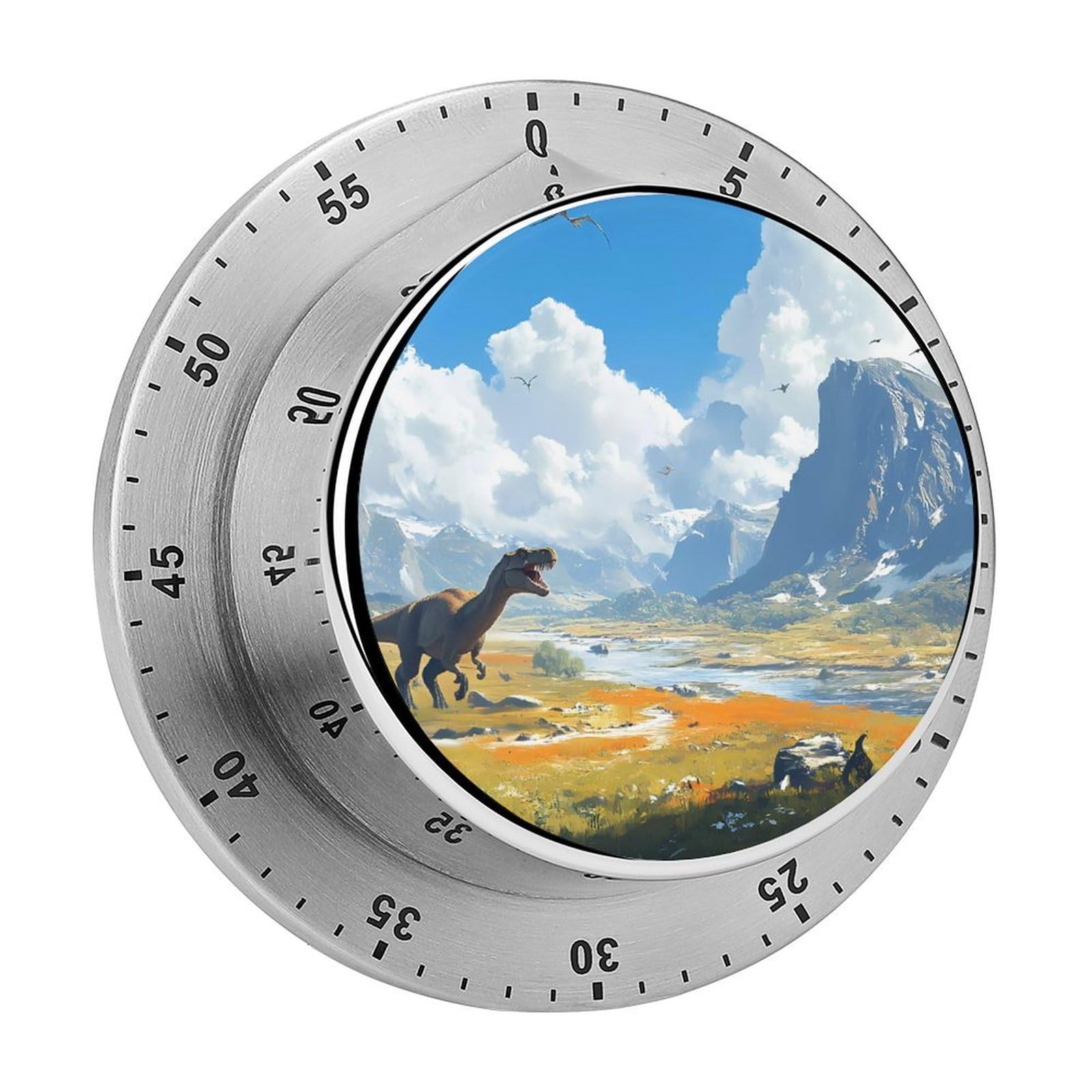 Dinosaur Hunting in Plains Mechanical Timer with Alarm for Kitchen Cooking Productivity Stainless Steel Timers